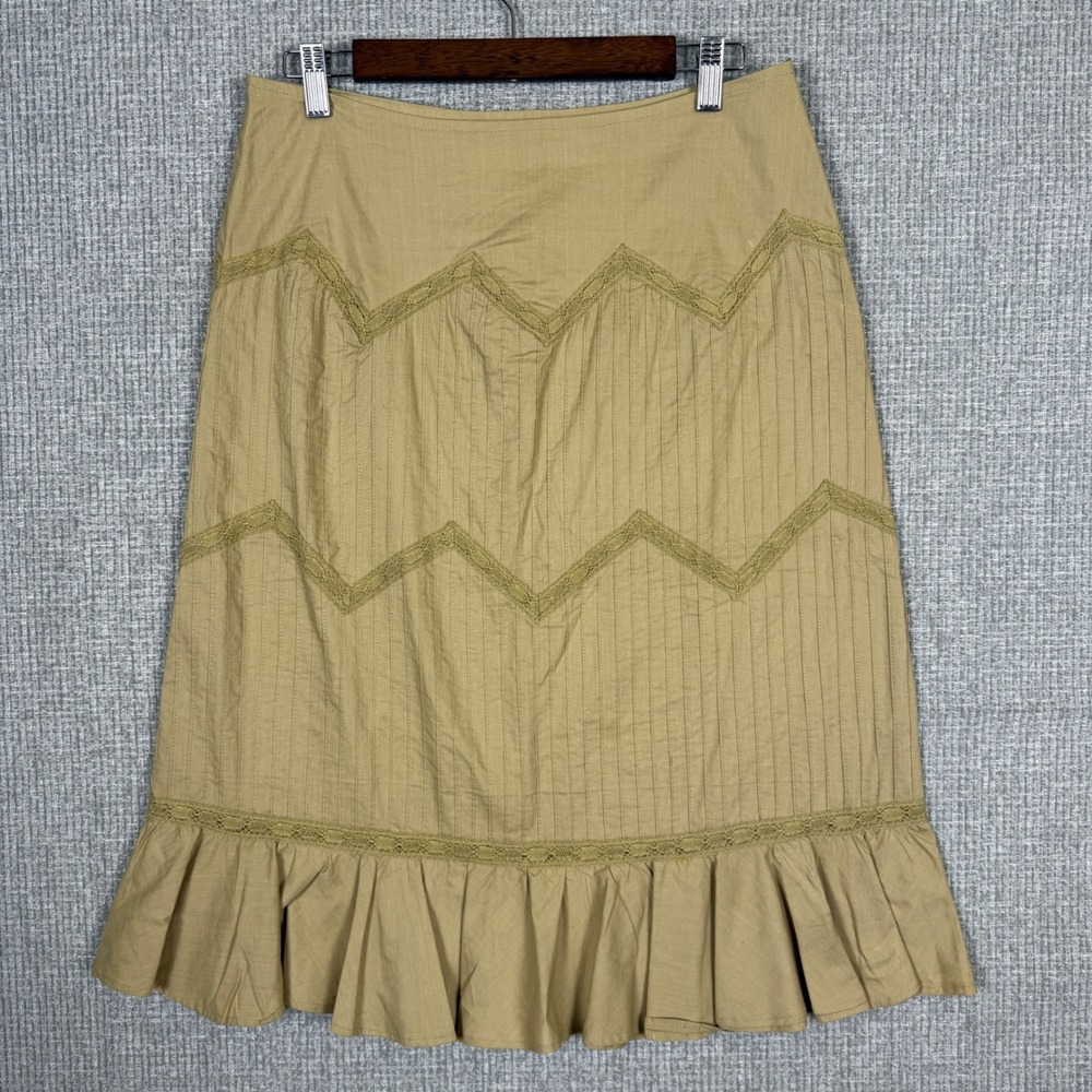 Villarreal Cotton Skirt A-Line Midi Lace Trim Ruffle Hem‎ Tan Sz 8 Cottage Fairy
